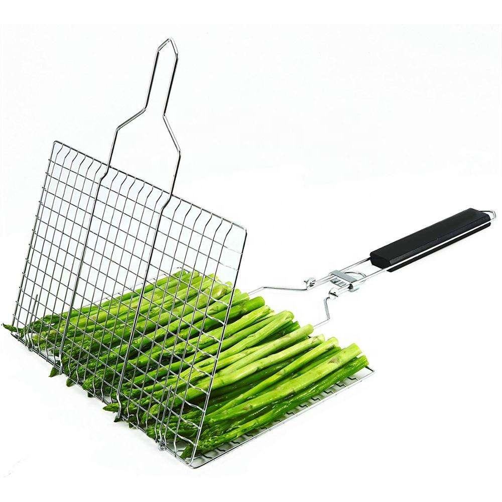 Portable Grill Mesh Basket with Removable Wood Handle for Convenient and Versatile